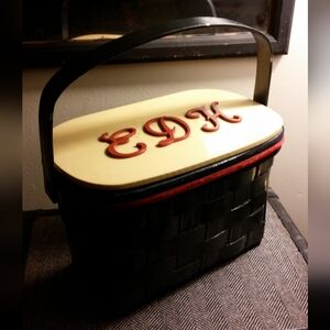 Handcrafted Black Woven Basket with Monogram Hinged Lid Picnic Americana